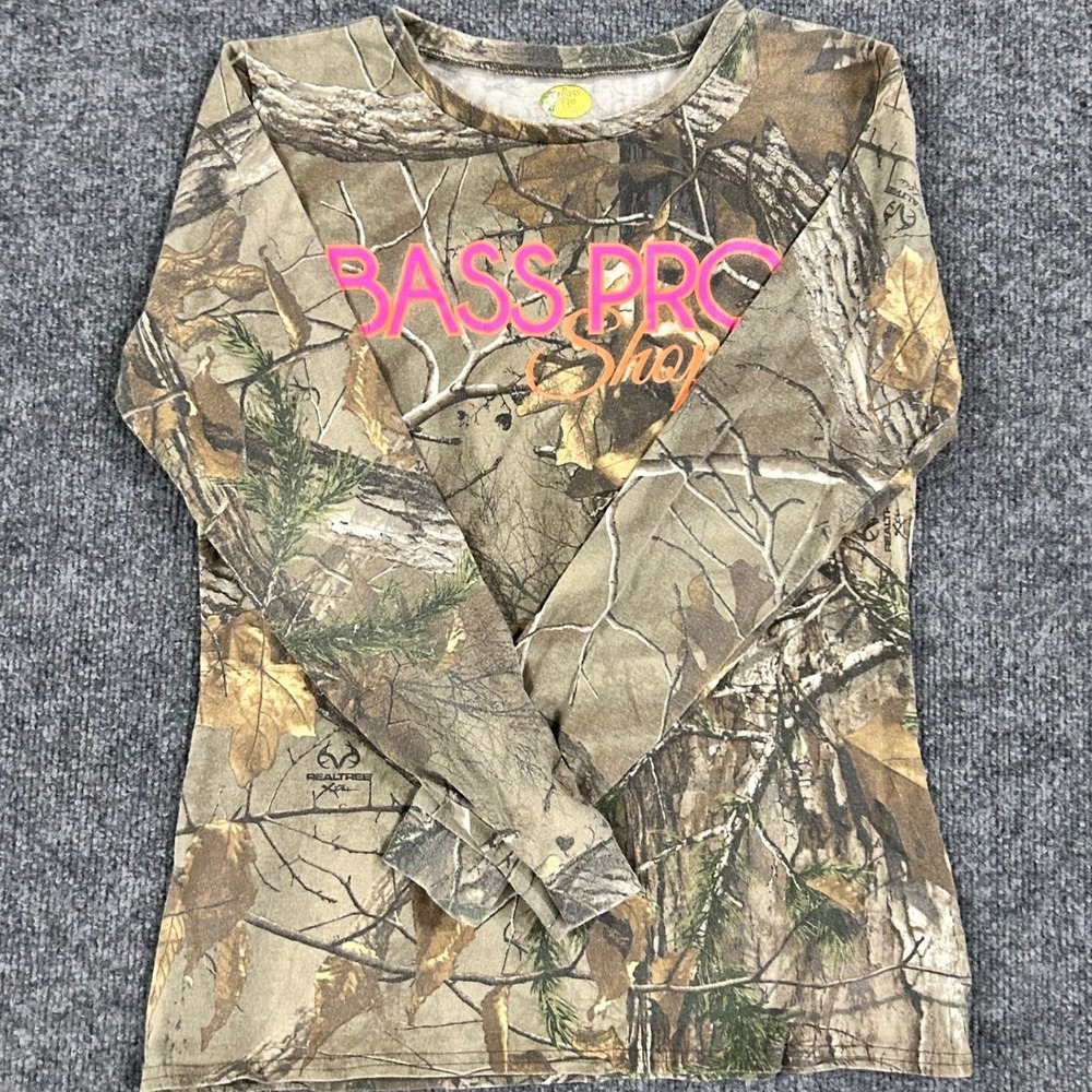 Bass Pro Shops Shirt Womens Size S Camo Pink Logo Realtree Long Sleeve Outdoor